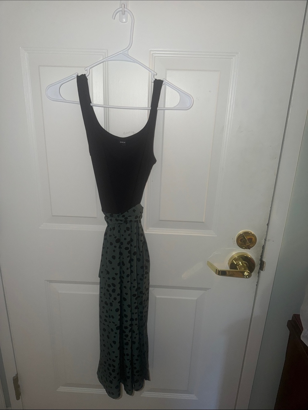 SHEIN Black Tank Top with Green Printed Midi Skirt